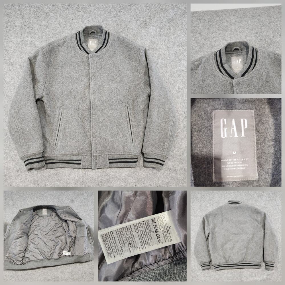 Gap Mens M Medium Wool Varisty Heather Grey‎ Quilted Lined Bomber Jacket